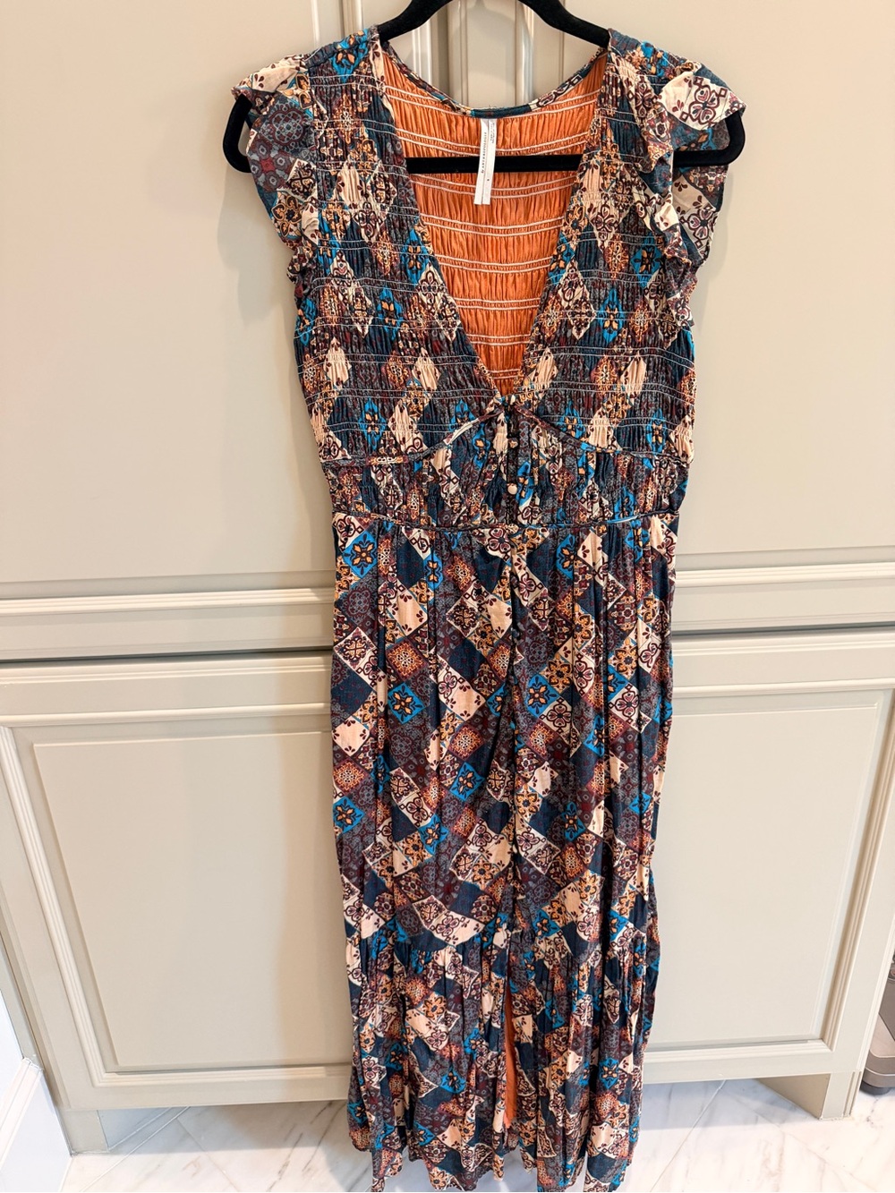 Anthropologie Patchwork Maxi Dress in Rust, Blue, Cream